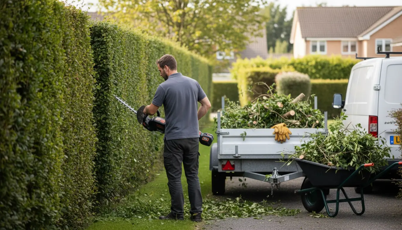En havemand klipper en lang hæk og læsser afklip i en trailer.