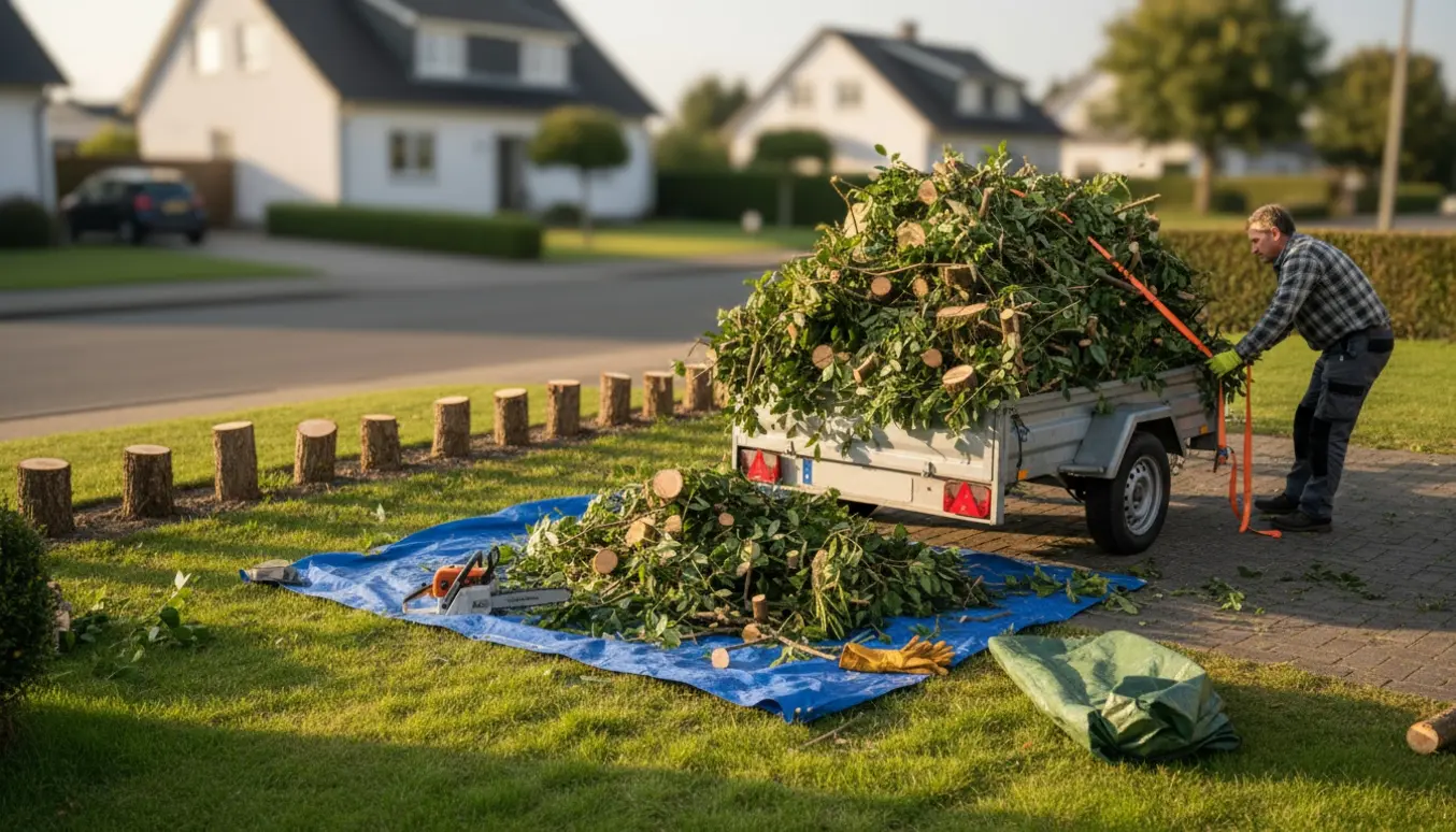 Trailer lastet med nysnittede hækgrene ved indkørsel, klar til forbrænding.