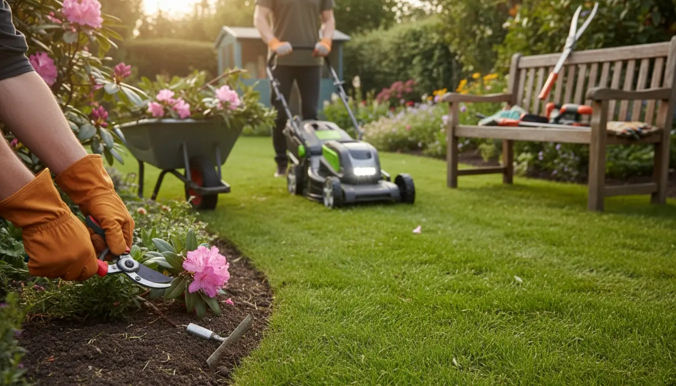Havearbejde med beskæring af buske og græsslåning i en velplejet have.