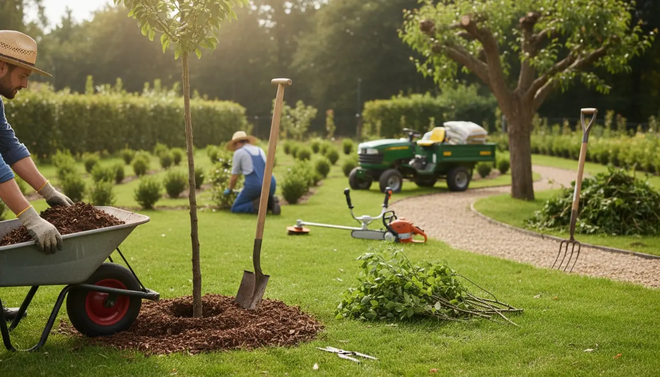 Handsker spreder barkdække omkring et nyplantet træ med haveredskaber og havetraktor i baggrunden.