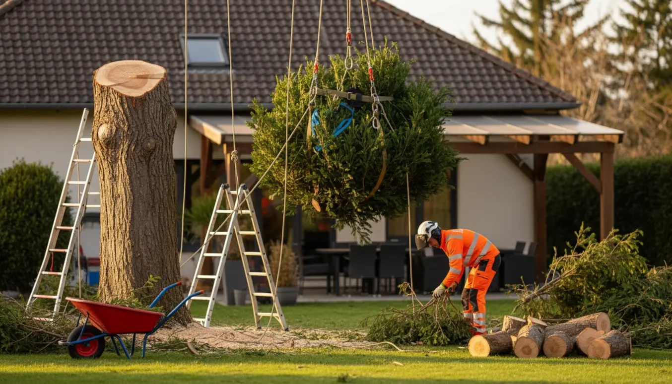 Topkapning af en høj cypres tæt ved husets tag, med afskårne grene på græsplænen.