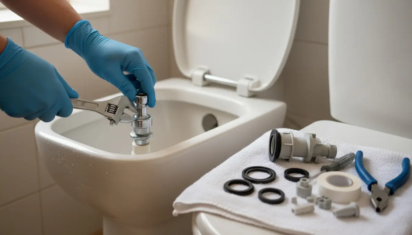 Hænder udskifter bundventil i en åben toiletcisterne med reservedele og værktøj på et håndklæde.