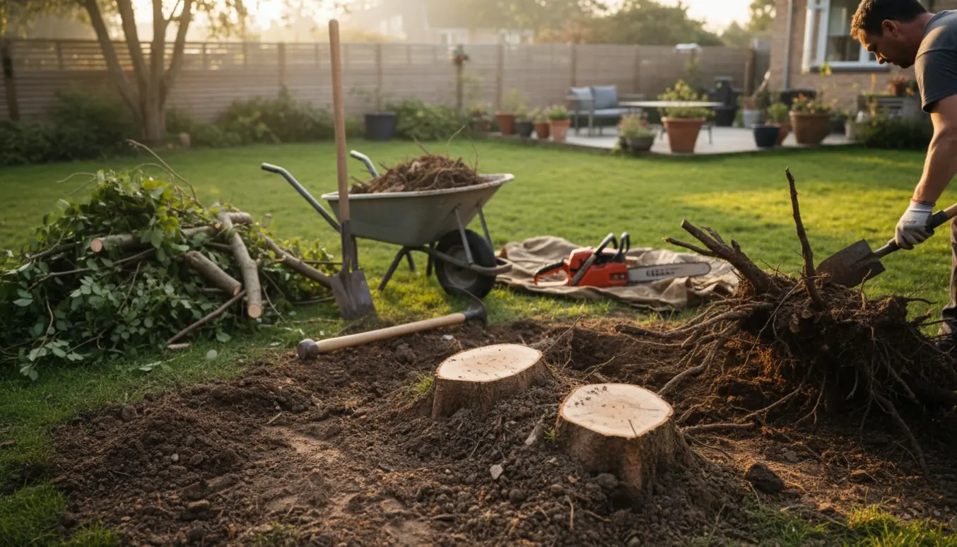 Opgravede trærødder og fældede buske i en have med haveredskaber og en trillebør.