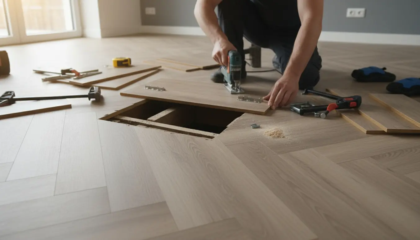 Hænder laver en lem til krybekælder i et sildebens vinylgulv med værktøj og materialer.