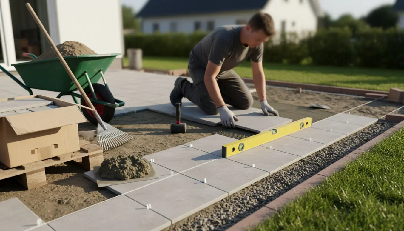 Udendørs terrasse under fliselægning med fliser, værktøj og gloved hænder, ingen ansigter synlige.