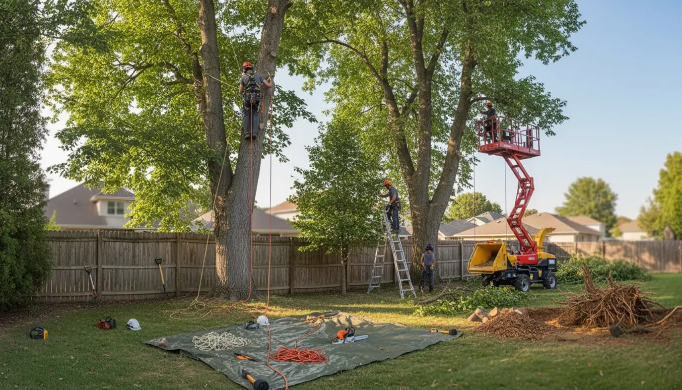Professionel beskæring af tre træer ved skel med klatreudstyr, afskårne grene og delvist fjernet rodnet.