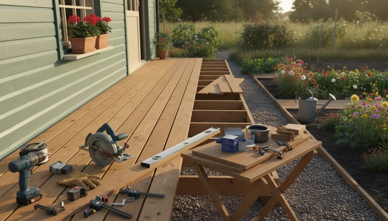 Halvfærdig træterrasse ved et kolonihavehus med værktøj og materialer i blødt eftermiddagslys.