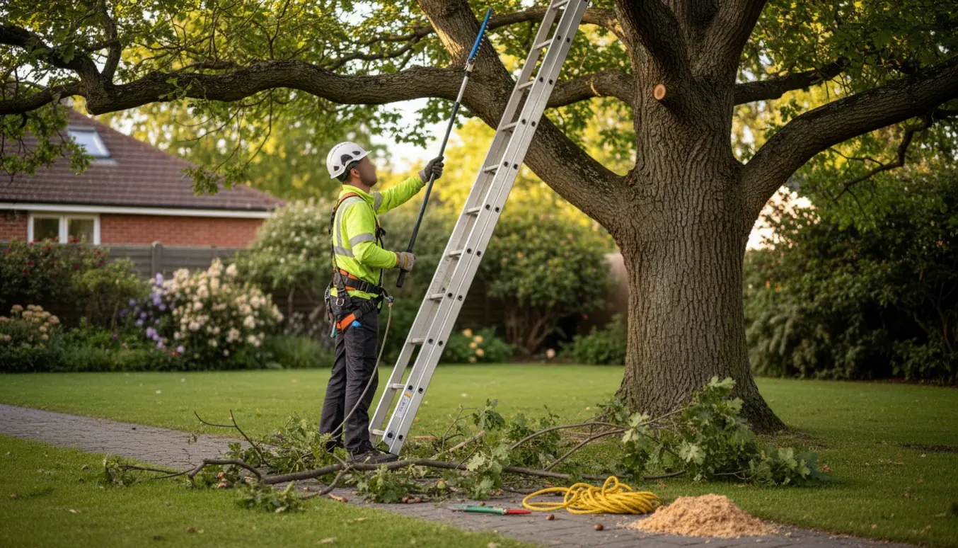 Beskæring af toppen af et stort egetræ med en stige og sav, grene og savspåner på stien nedenfor.