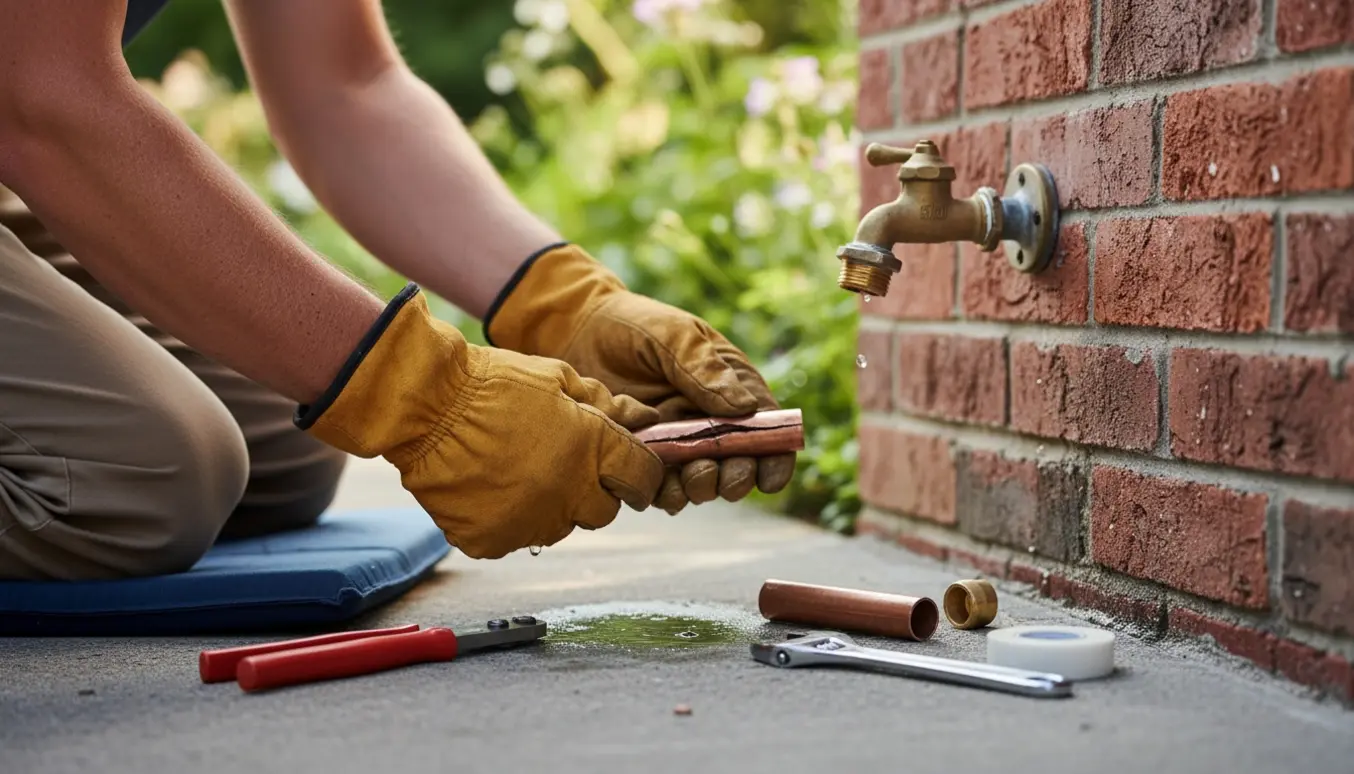 Hænder i handsker udskifter et kort sprunget udvendigt vandrør ved en hane på husfacaden.