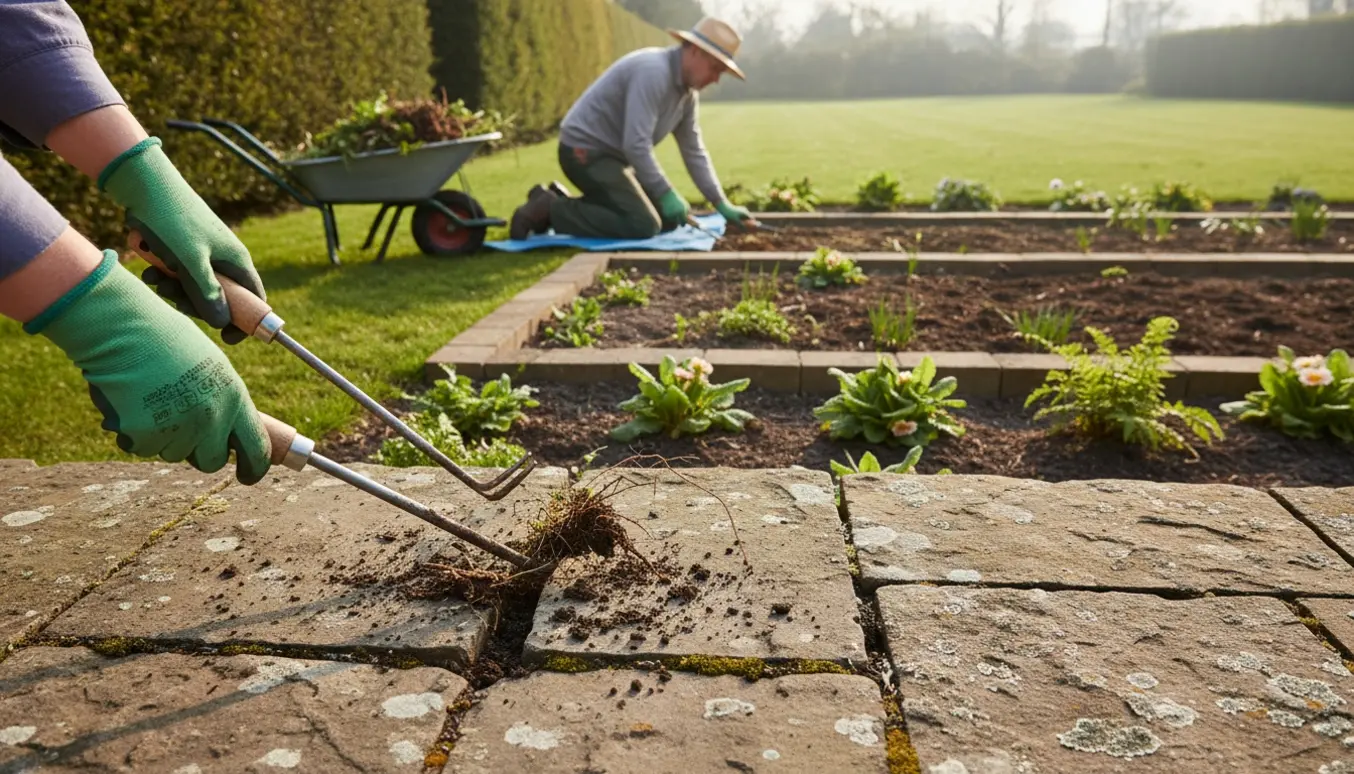 Nærbillede af havearbejde med hands fjerner ukrudt mellem fliser og rensede bede langs en hæk i sollys.