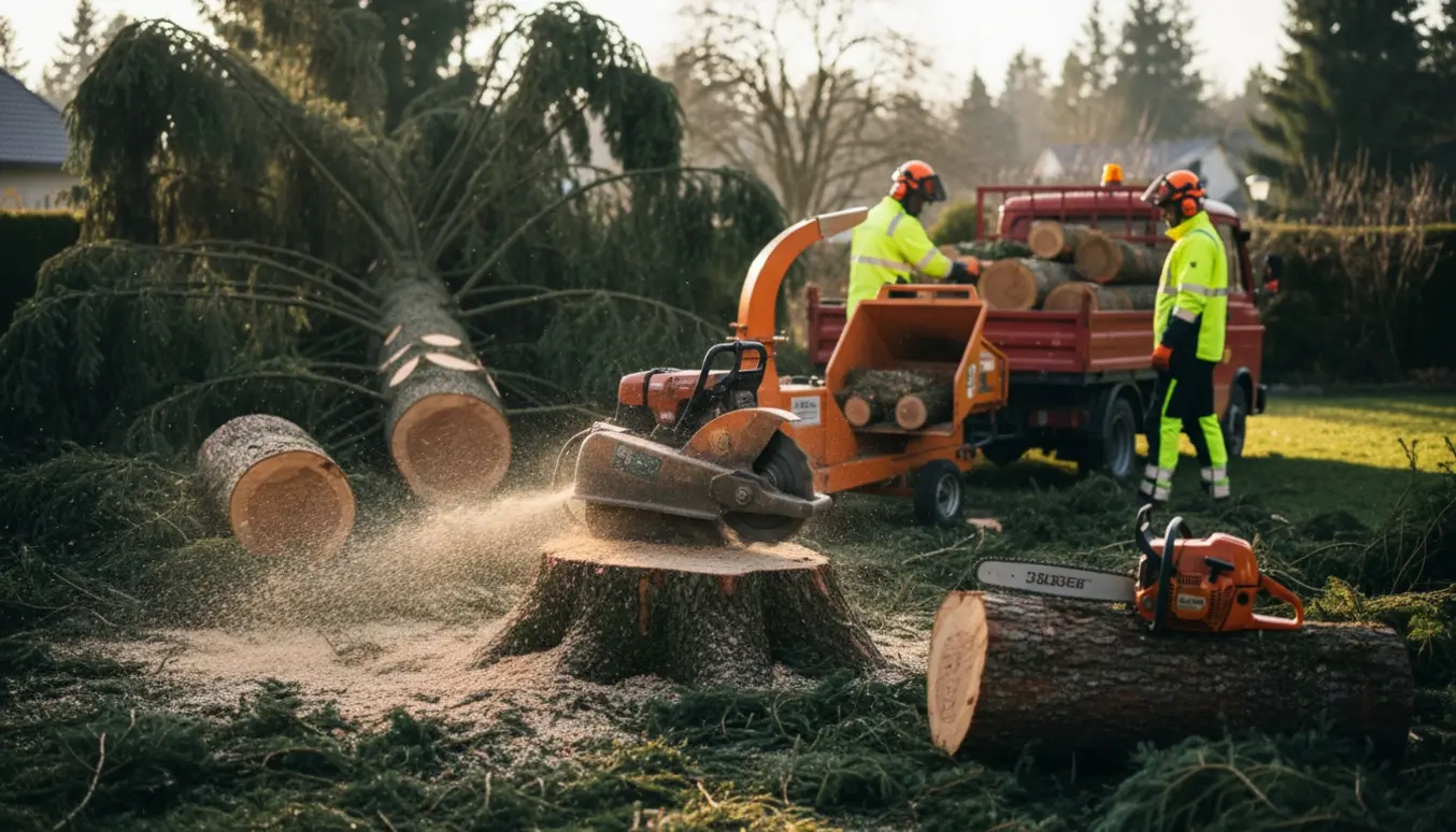 Rodfræsning af en fældet 15 meter høj gran med træflis og maskiner i haven.