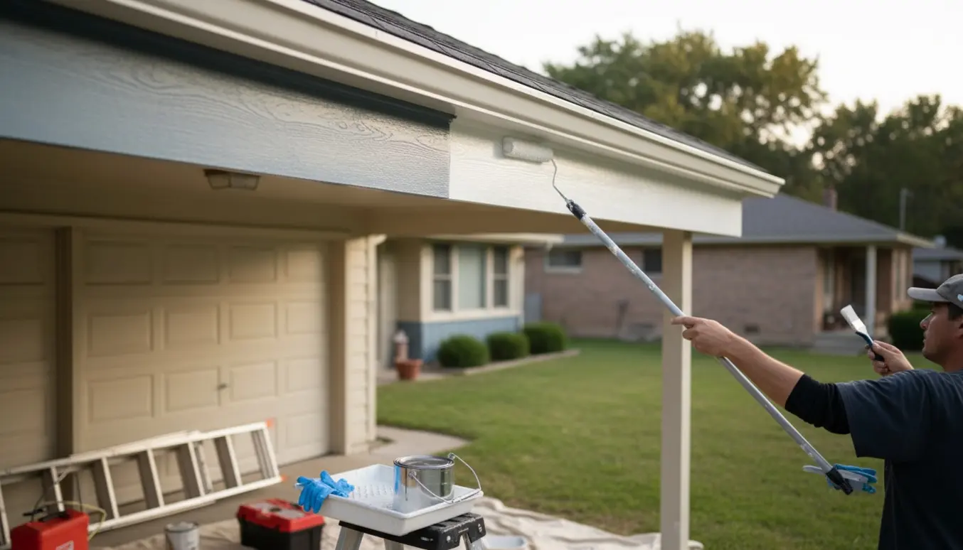 En maler maler remmen på et lavt parcelhus og dobbel carport med stige og forlængerrulle, set bagfra.