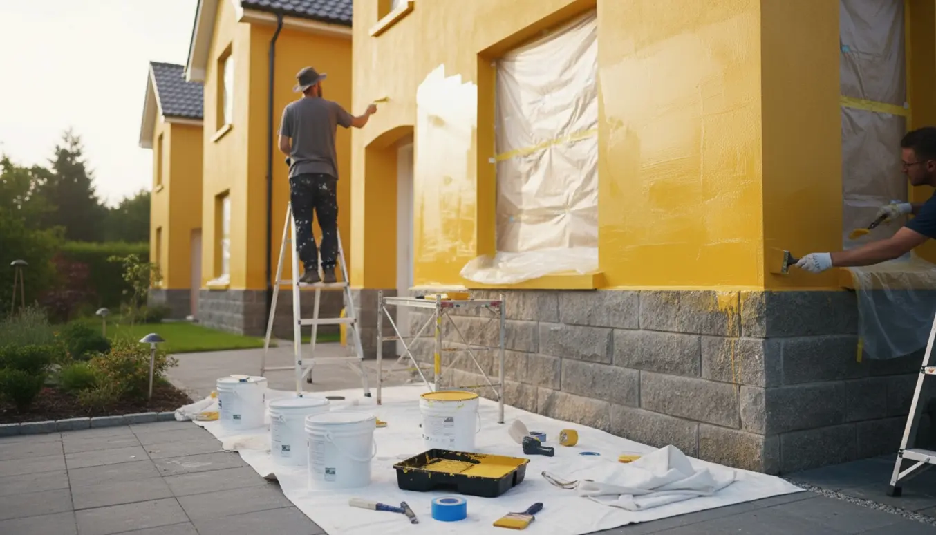To huse males gule; håndværker maler sokkel fra stige med malerbøtter og værktøj i forgrunden.