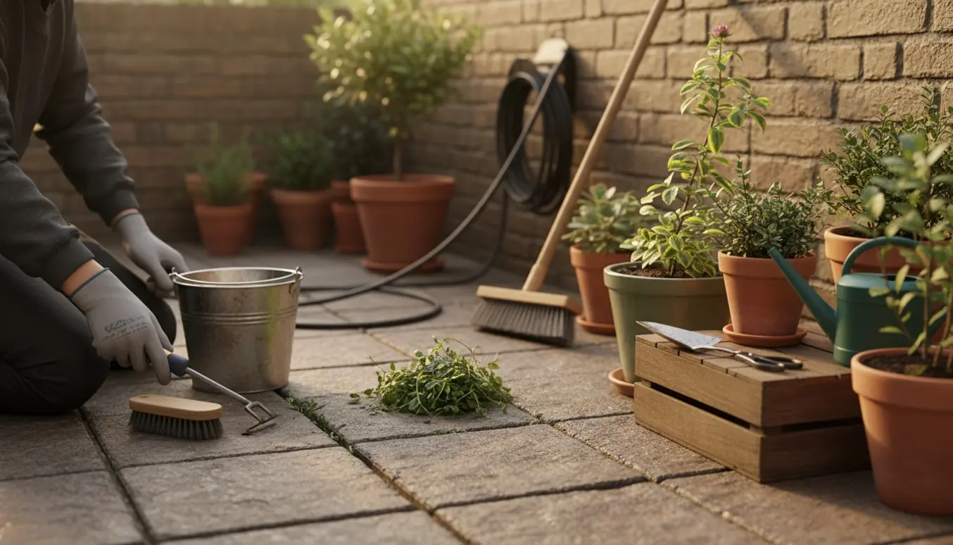 Hænder fjerner ukrudt mellem terrassefliser og ordner krukker på en lille solbeskinnet terrasse.
