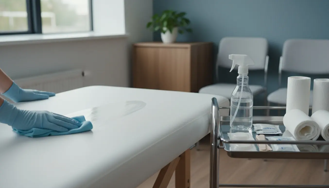 Engangshandsker tørrer et undersøgelsesbord af i en lys, ryddelig lægeklinik.