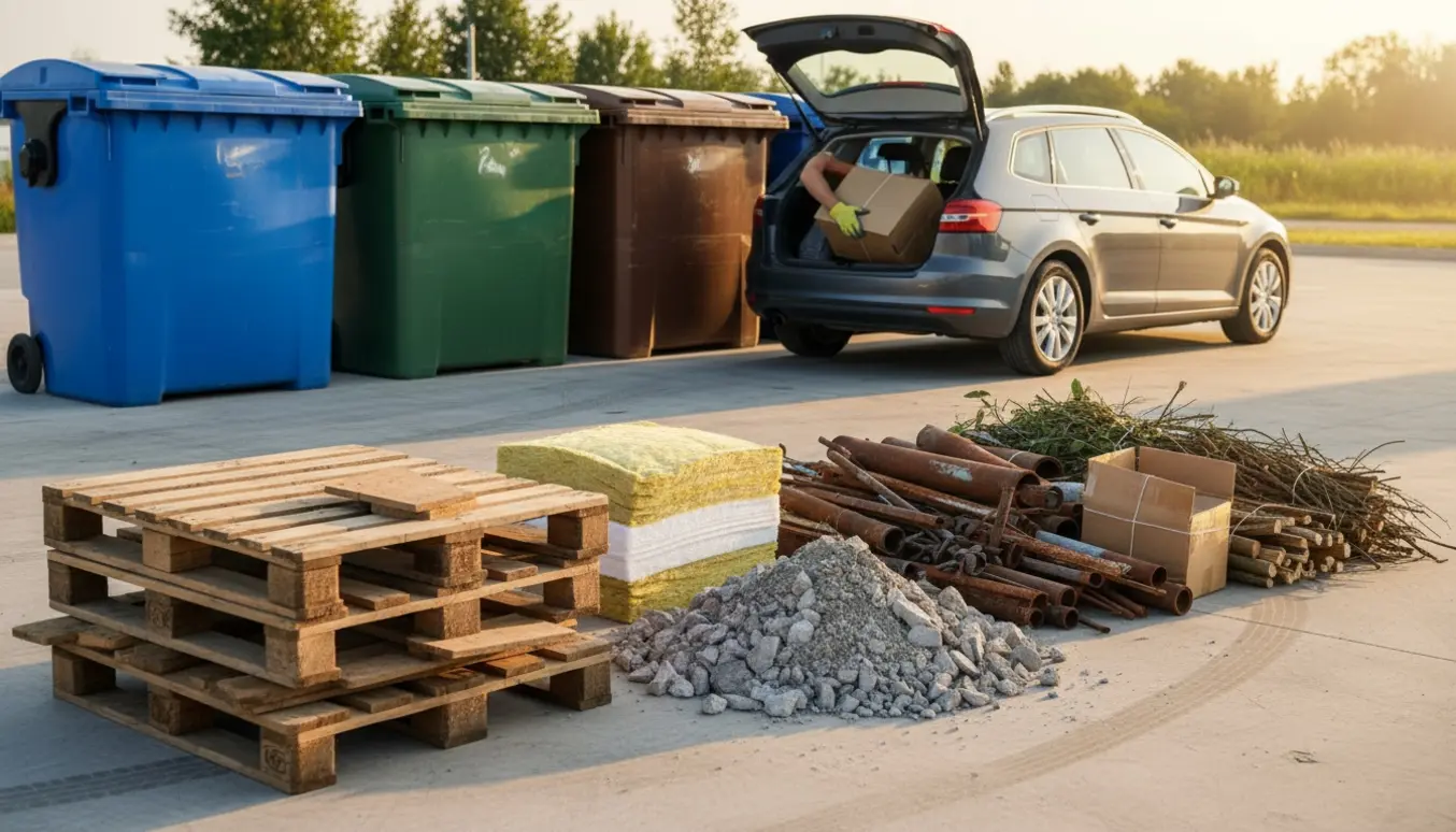 Åben bil ved genbrugsplads med sorterede bunker af træ, sten, isolering, jern og småt brændbart klar til aflevering.