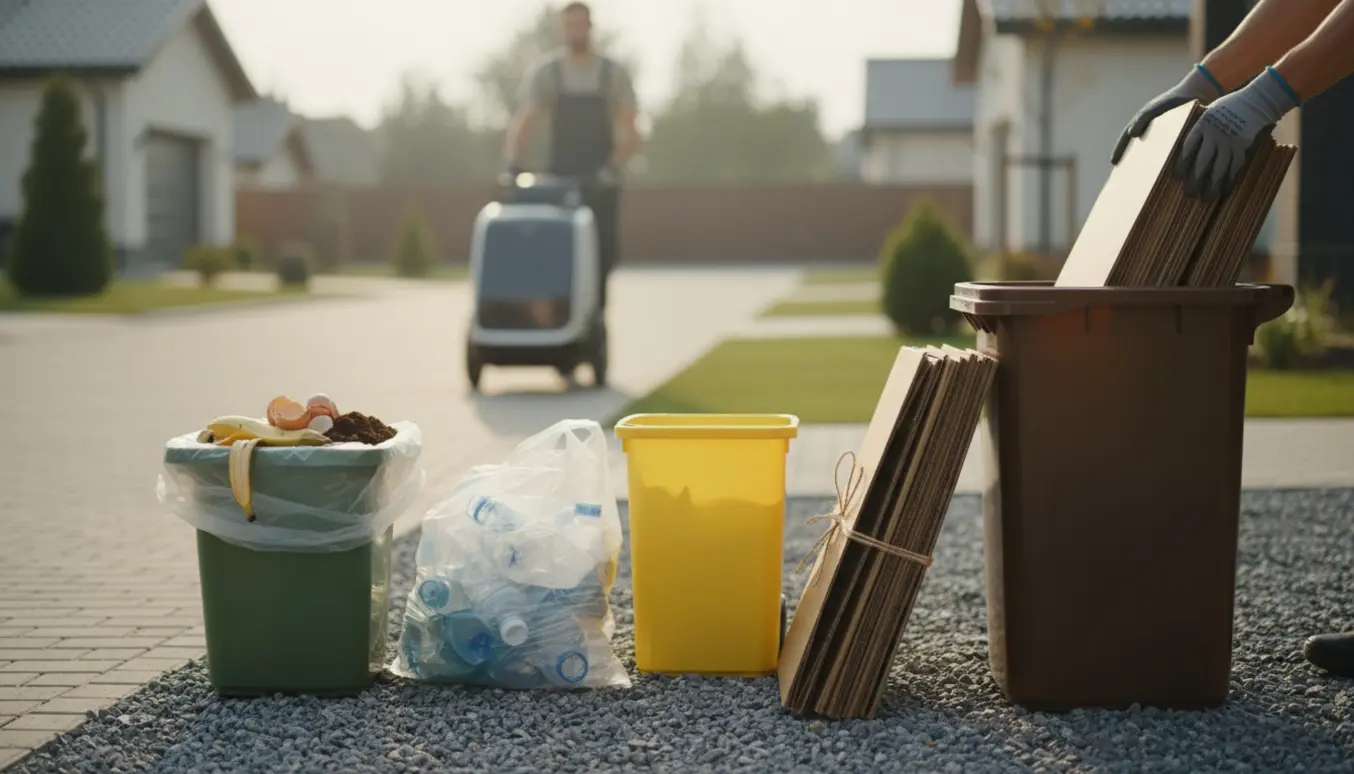 Farvekodede affaldsbeholdere og gloved hænder sorterer bioaffald, plast og pap ved kantsten.