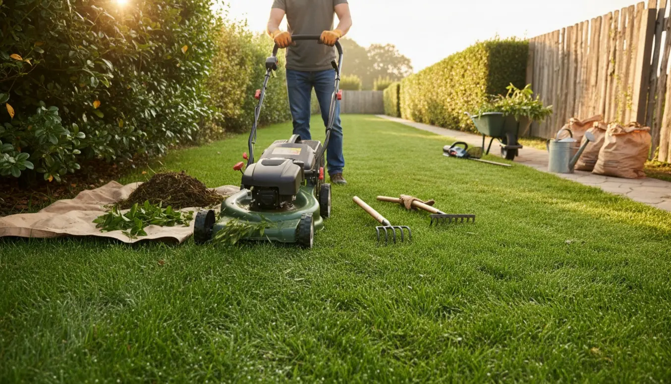 Nærbillede af havearbejde med nyslået græs, nyskårede buske og haveværktøj i morgenlys.