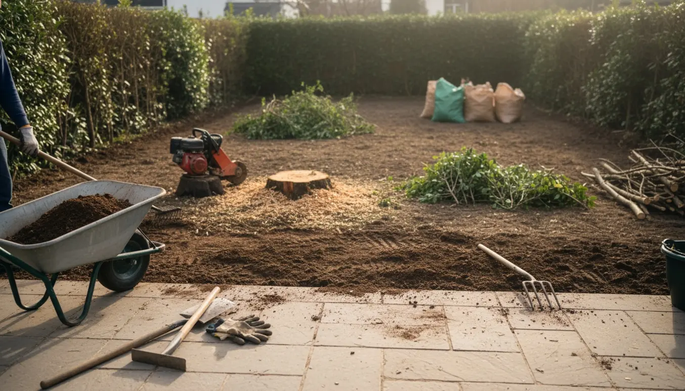 Afskrabt terrassejord, bunker af haveaffald og en stubbefræser ved en nyfræset stub i haven.