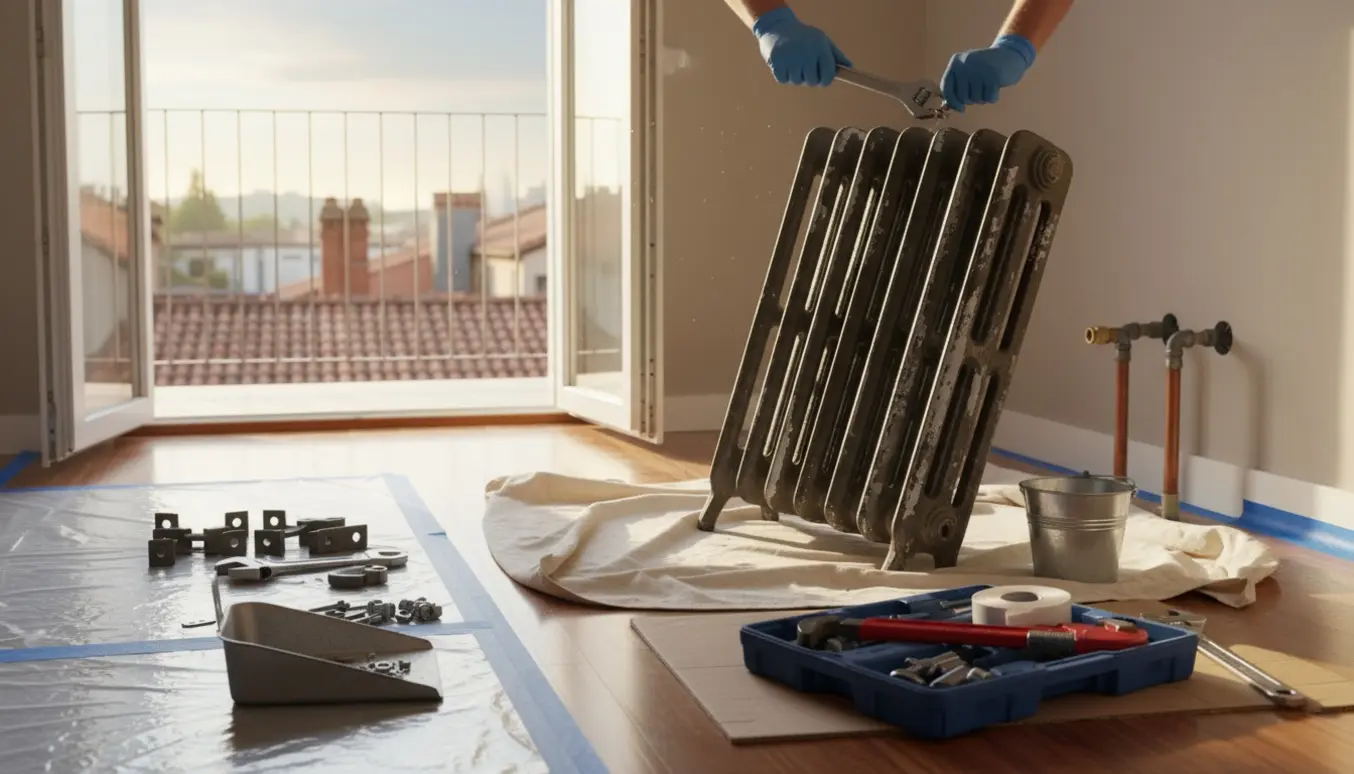 Udmontage af radiator i lejlighed på 3. sal ved altandør med værktøj og beskyttelsesmaterialer på gulvet.