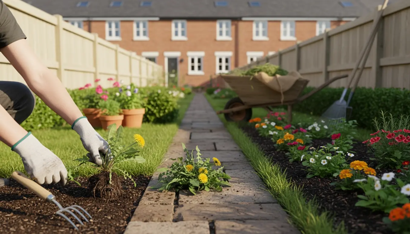 Lille rækkehus-have ryddet for ukrudt med handsker, rive og trillebør klar til sommer.