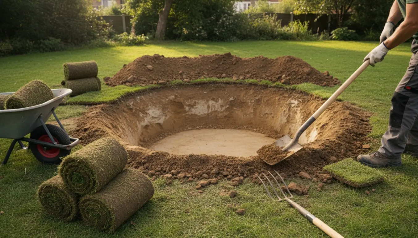 Cirkulært udgravet hul i baghaven klar til en nedgravet trampolin med jord i en vold og ruller af græstørv ved siden af.