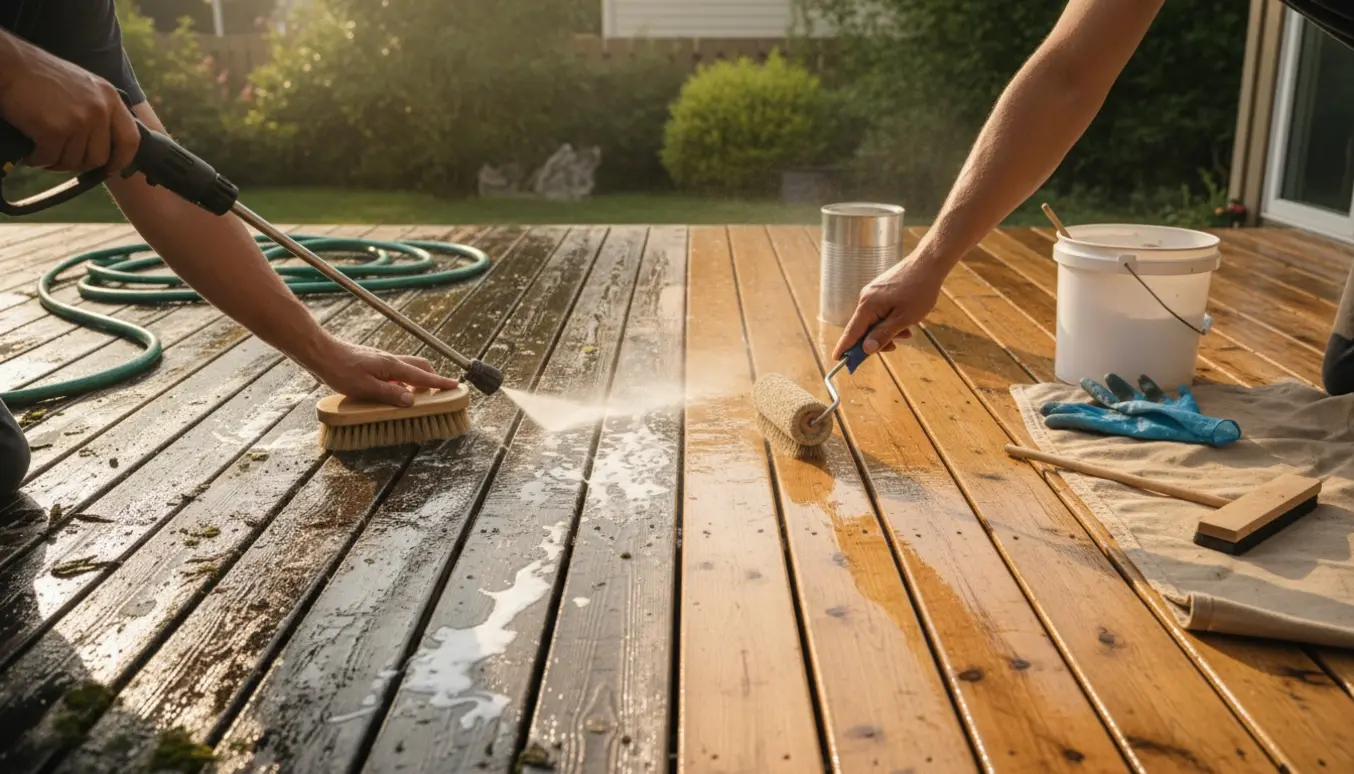 En person renser og behandler en træterrasse med højtryksrenser og træolie, med fokus på rene træbrædder.