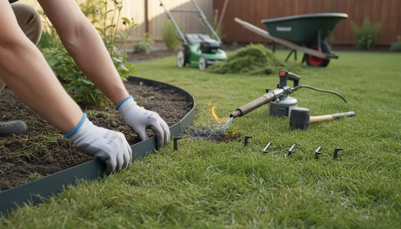 Nyligt slået lille baghavegræs med kanteplader, værktøj og en kontrolleret ukrudtsbrænder klar til montering.