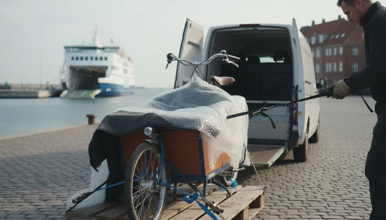 En ladcykel pakket og fastgjort på en trailer ved en færgeterminal, klar til flytning fra København til Bornholm.
