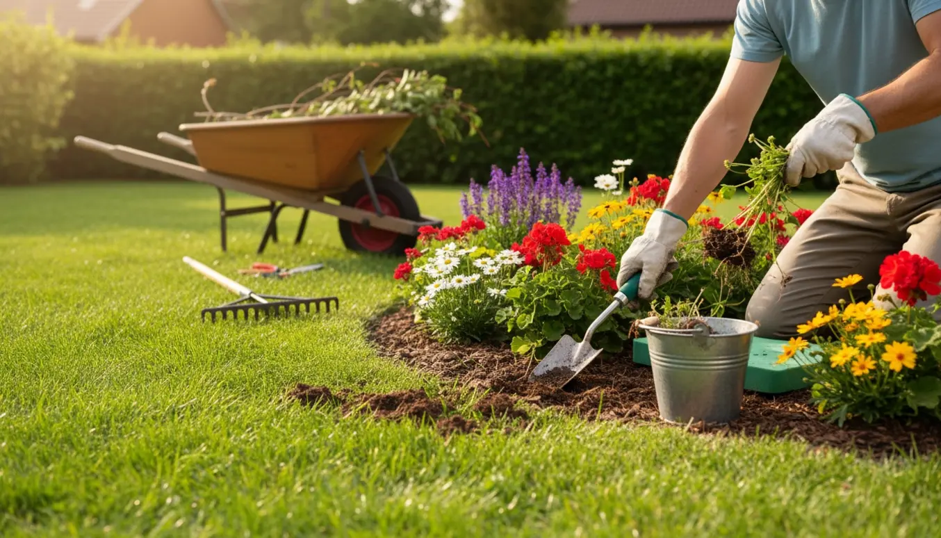 Hænder luker ukrudt langs kanten af en velplejet græsplæne og hæk i en solfyldt villahave.