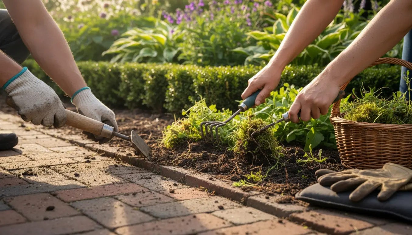 Nærbillede af hænder, der kanter et bed og fjerner mos og ukrudt med små haveredskaber.