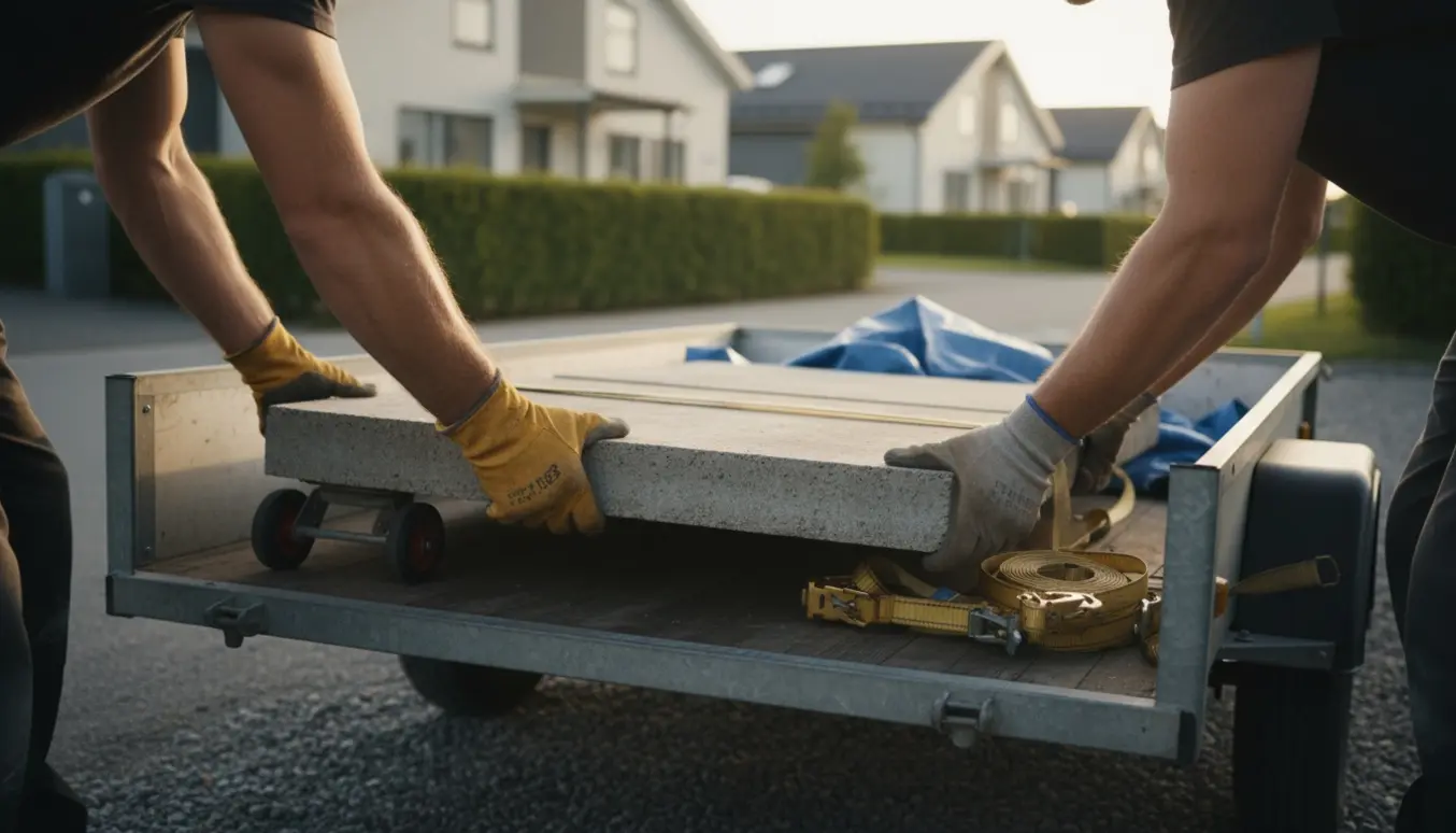Arbejdere læsser stabler af fliser fra en indkørsel på en trailer klar til genbrug.