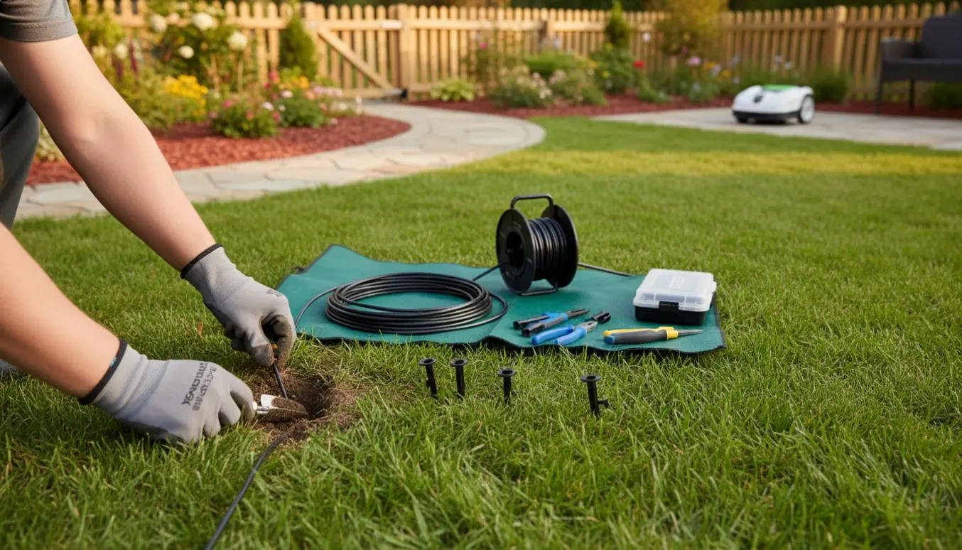 Nærbillede af hænder, der fjerner gamle kabler og lægger nye afgrænsningskabler til en robotplæneklipper i en have.