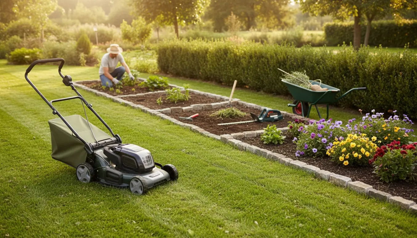 Nærbillede af græsslåning og havearbejde med nyslået plæne, tre bede hvor ukrudt fjernes og en hækkeklipning kun på den ene side.
