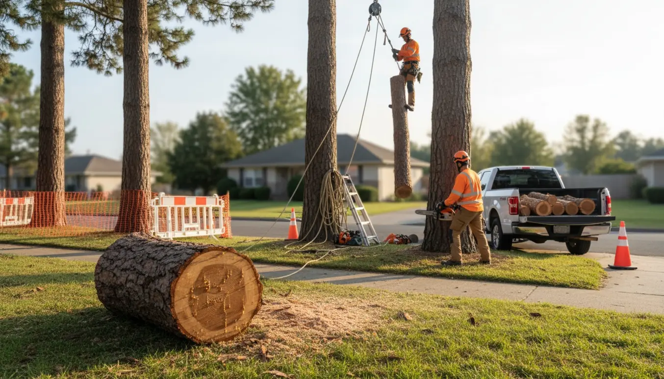 Arborister fælder tre fyrretræer langs fortovet, med afsavede stammer og udstyr ved siden af.