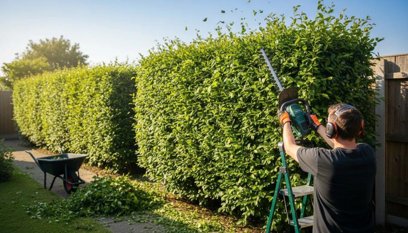 En person trimmer en to meter høj havehæk i juni med nyskåret kant og opsamlet hækaffald ved siden af.
