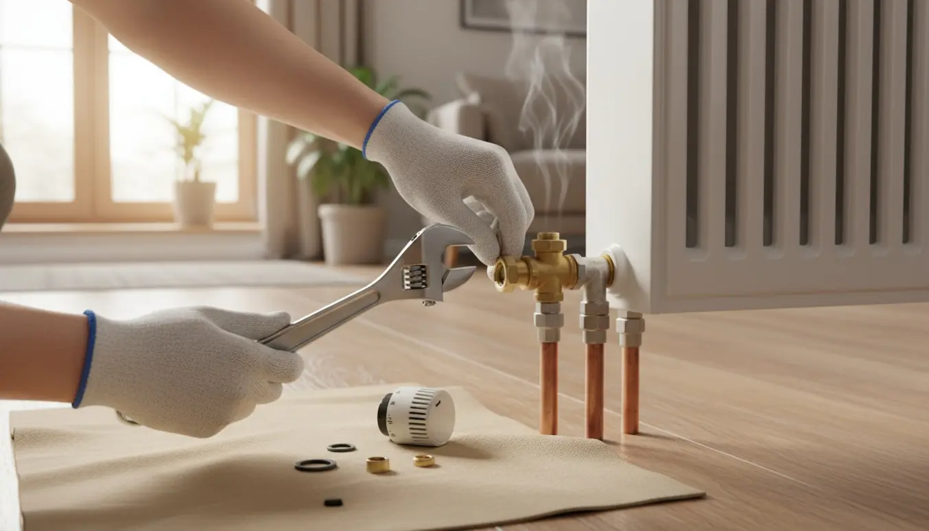 Hænder justerer termostatventil og pakdåsedele på en vægmonteret radiator.