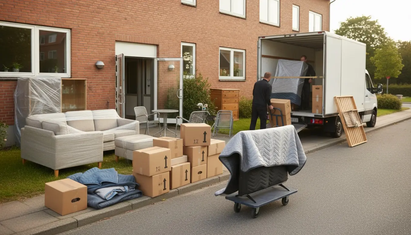 Flyttefolk læsser møbler og flyttekasser fra en flyttebil foran en lejlighedsbygning, uden tydelige ansigter.