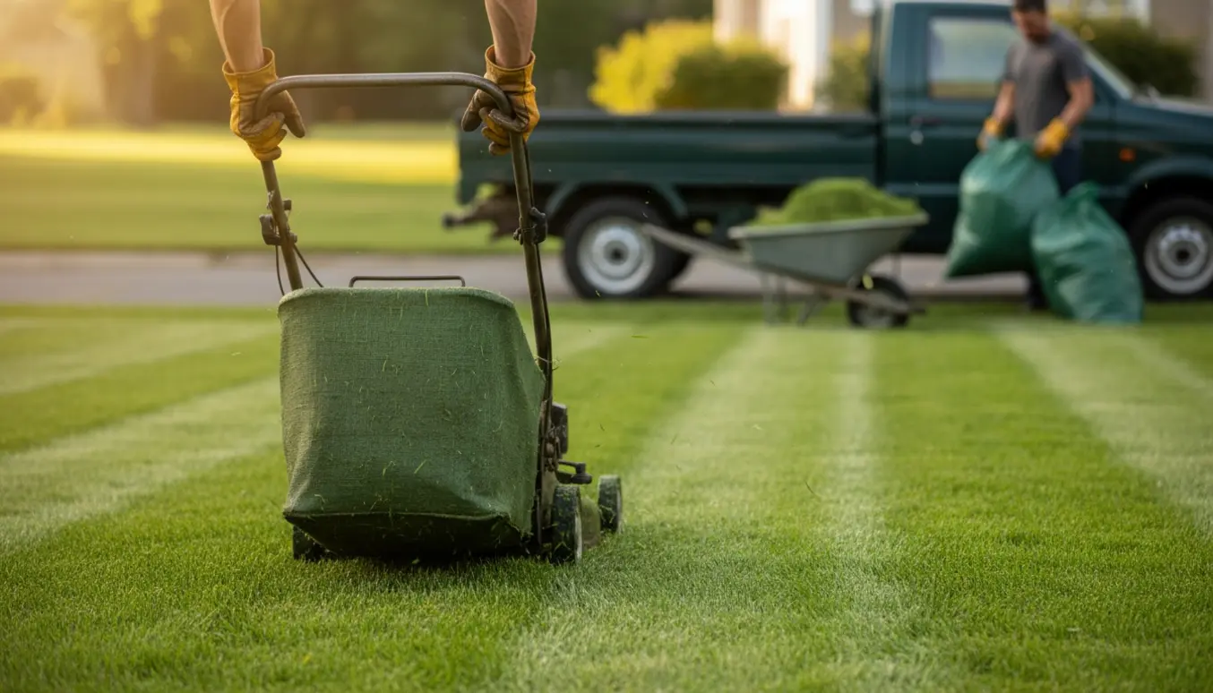 En havearbejder slår græs med en plæneklipper, samler afklip i en opsamlerpose og løfter fyldte haverposer ind i en bil.
