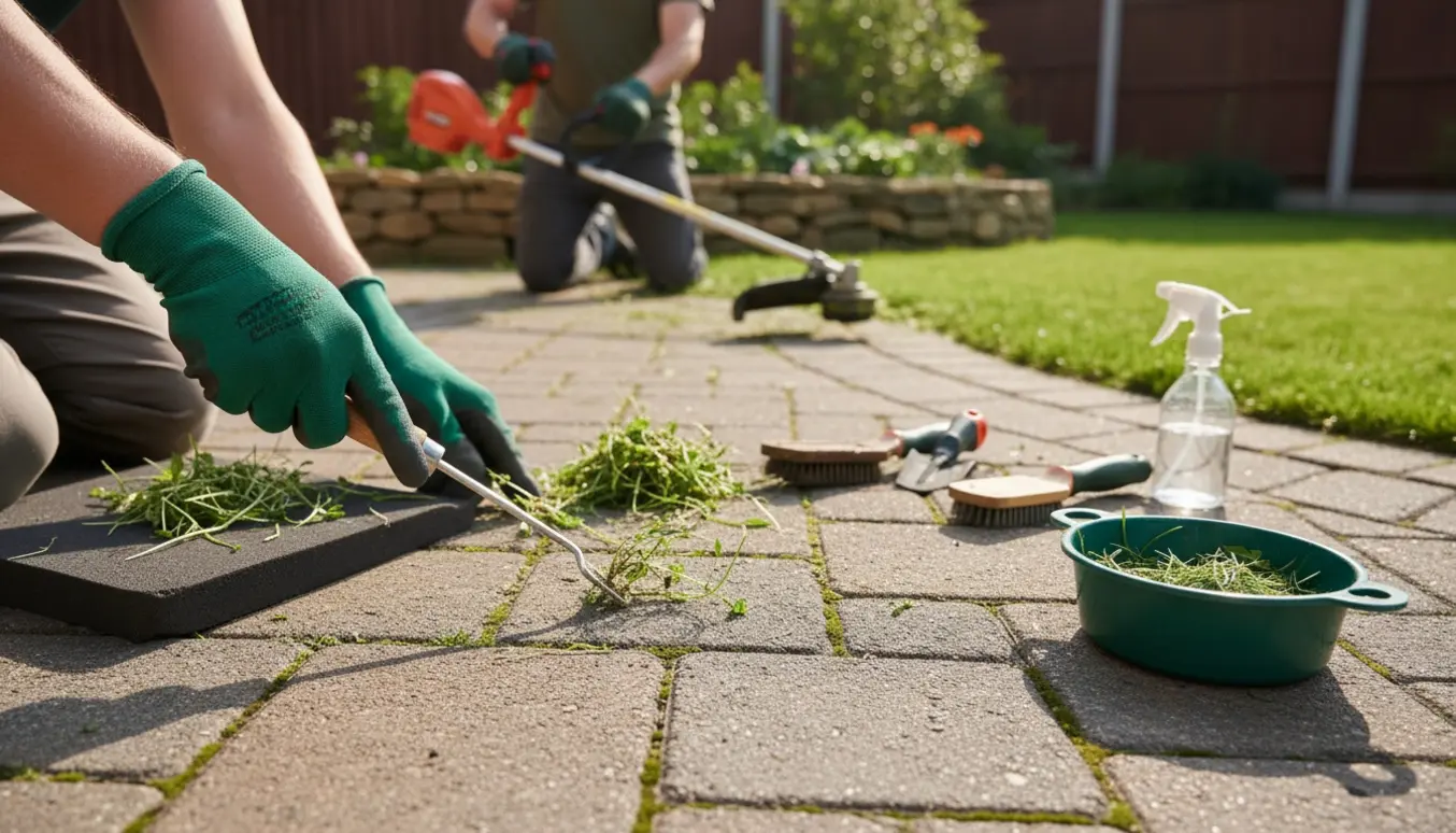 Hænder fjerner ukrudt mellem fliser og trimmer græskanten i en solrig baghave.