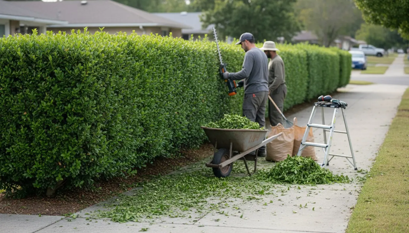 Ligusterhæk på hjørnegrund, nyligt klippet med haveaffald i trillebør og sække klar til afhentning.
