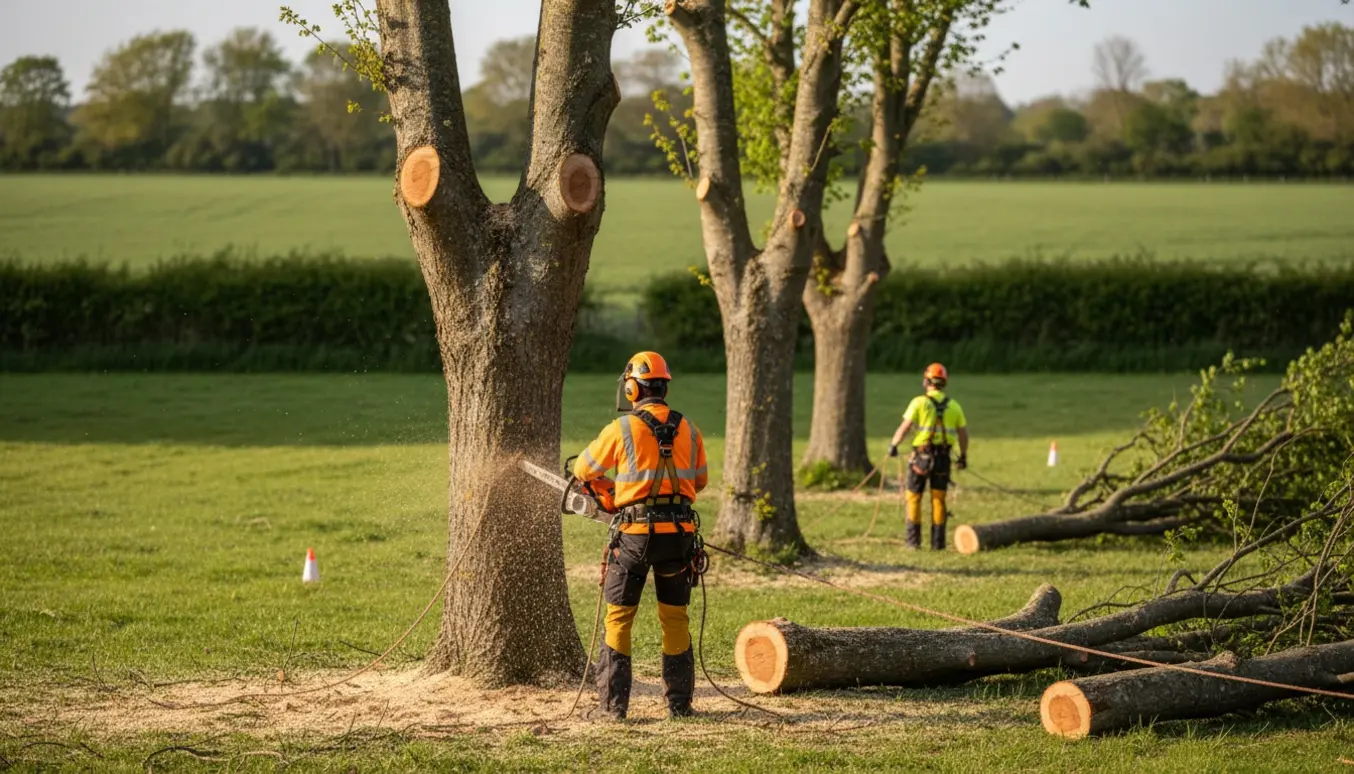 To træer topkappes ved markkant af arborister med kædesav og tov, ansigter skjult.