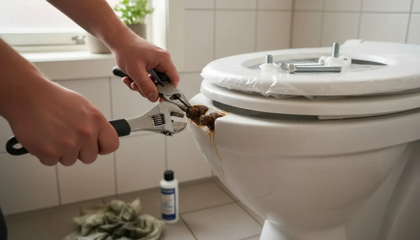 Nærbillede af hænder, der forsøger at løsne rustne møtrikker på et hvidt Ifö Sign-toilet med værktøj og nyt toiletsæde ved siden af.