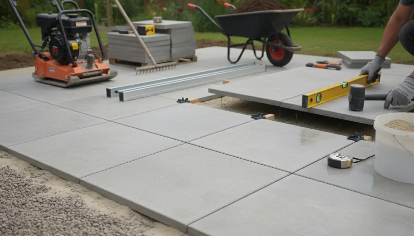 Halvfærdig terrasse med 60×60 cm fliser på komprimeret 10–15 cm bærelag og løse fliser hævet cirka 4 cm.