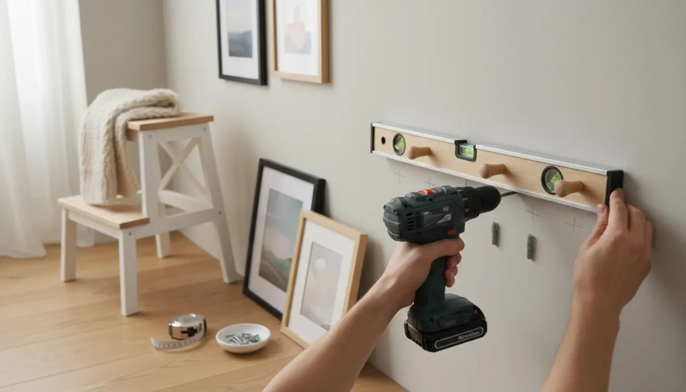 Hænder monterer en træ-knagerække på en lys væg med værktøj og indrammede billeder klar i rummet.
