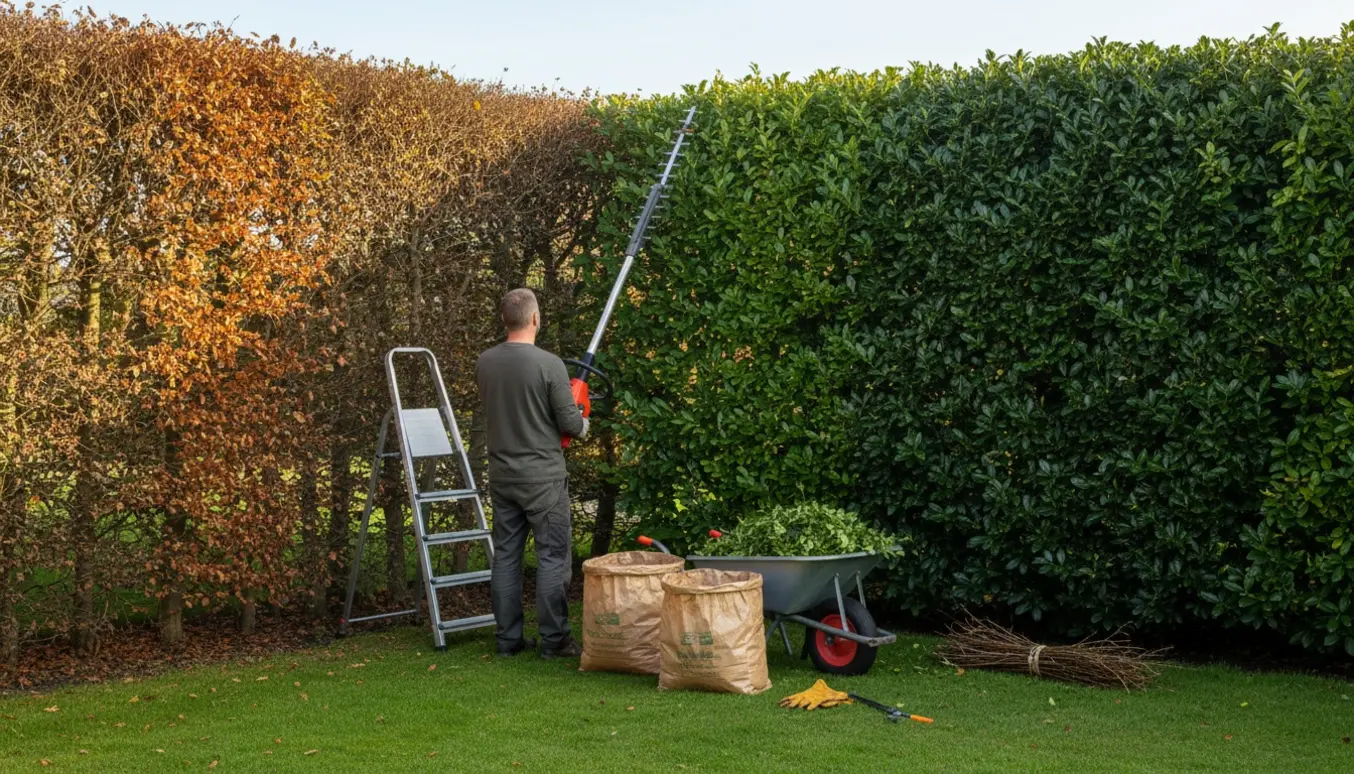 En hæk på omkring 190 cm bliver klippet med en stanghækkeklipper, og afklip ligger i trillebør og sække klar til bortskaffelse.
