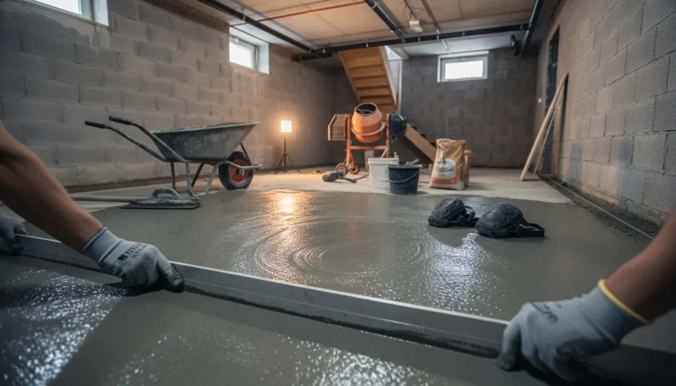 Våd betongulv i en kælder, hvor en håndværker glatter betonen med screed og murske.