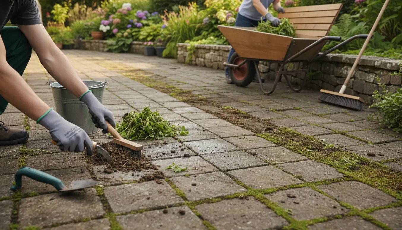 Hænder fjerner ukrudt mellem fliser på en stor terrasse, med opsamlet ukrudt ved kompostbeholderen.