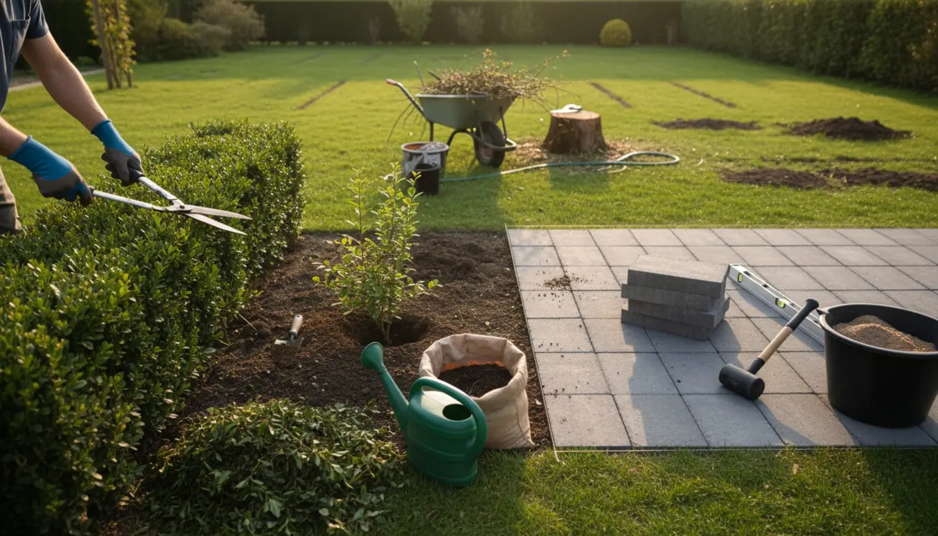 Mellemstor have under istandsættelse med beskåret hæk, udgravede bede, nyplantning og delvist lagt flisebelægning.