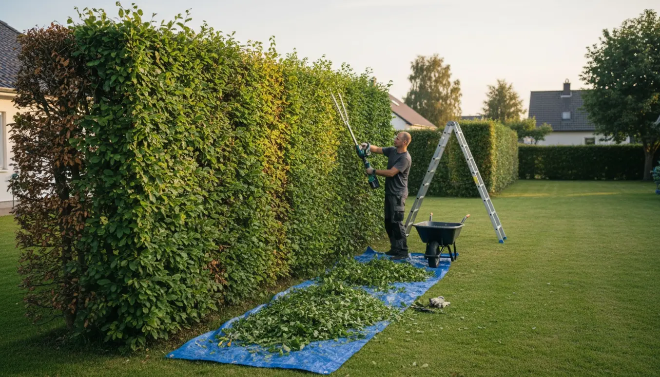 En bagvendt gartner klipper en lang bøgehæk med en elektrisk hækkeklipper, mens afklippede blade samles på en presenning.